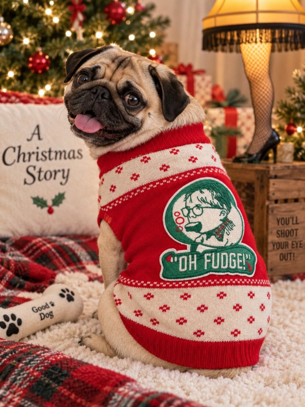 A Christmas Story “Oh Fudge!” Small Dog Christmas Sweater Red Fair Isle
